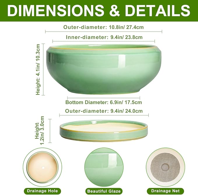 10 Inch Bonsai Tree Pots - Ceramic Succulent Pots with Drainage Hole and Tray, Shallow Planter for Indoor Outdoor Plants, Round Planters, House Decor, Gifts for Plant Lovers, Light Green
