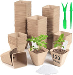 Baxrou 120 Pack 3.15 Inch Square Peat Pots for Seedlings, Seed Starting Pots with Drainage Holes Nursery Pot, Herb Seed Starter Pot Kits wit 30 Plant Labels, 2 Transplant Tools.