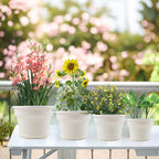 Pottiffe 11 Inch Plastic-Flower-Pot-for-Indoor-Plants, 4 Pack Large Outdoor Planter Pot with Drainage Holes & Saucers, Resin Decorative Garden Pots Planters