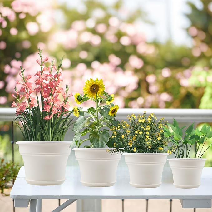 Pottiffe 10 Inch Plastic-Flower-Pot-for-Indoor-Plants, 4 Pack Large Outdoor Planter Pot with Drainage Holes & Saucers, Resin Decorative Garden Pots Planters