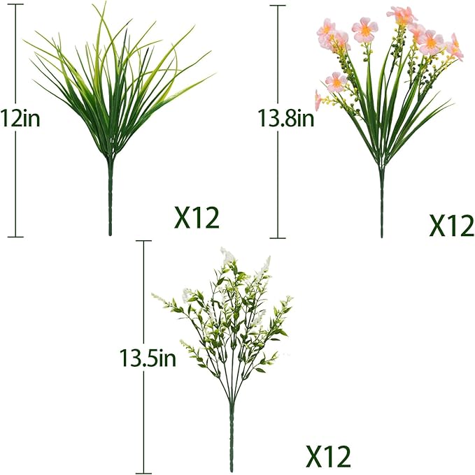 36pcs Faux Plants Outdoor, Uv Resistant Artificial Plants Outdoor Fake Flowers Plants Plastic Greenery Shrubs for Outside Window Box Garden Patio Porch Home Decor (Mixed Pink)