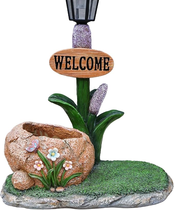 Animal Outdoor Statue Planter Solar Light Welcome Garden Sculpture Resin Flower Pot Decorative Porch Patio Yard Lawn Entryway Figurine with LED Lamp Rustic Plant Holder Ornament Courtyard (N)