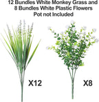 HyeFlora 20 Bundles Artificial Fake Outdoor Plants Flowers for Spring Decoration, UV Resistant Realistic White Plastic Flowers Faux Plant Monkey Grass for Planter Home Garden Porch Patio Window Box