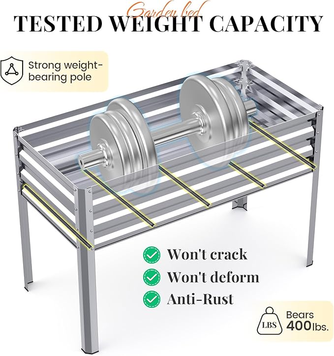 KING BIRD Large Raised Garden Bed with Legs Galvanized Elevated Planter Box 48×24×32 in for Backyard, Patio, Balcony, 400lb Capacity, Silver 2pcs