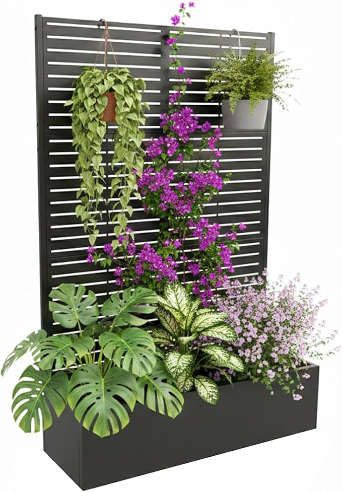 Metal Raised Garden Bed with Trellis & Privacy Screen, 70.1"x45"x15" Galvanized Metal Planter Box with Drainage Holes for Patio Balcony Outdoor Climbing Plants Flowers Vegetable, Black