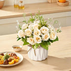 Artificial Flowers Fake Roses with Small Ceramic Vase - Desktop Decoration for Dining Tables, Living Rooms, Bedrooms, Offices for Weddings, Birthdays, Home Decor (White)