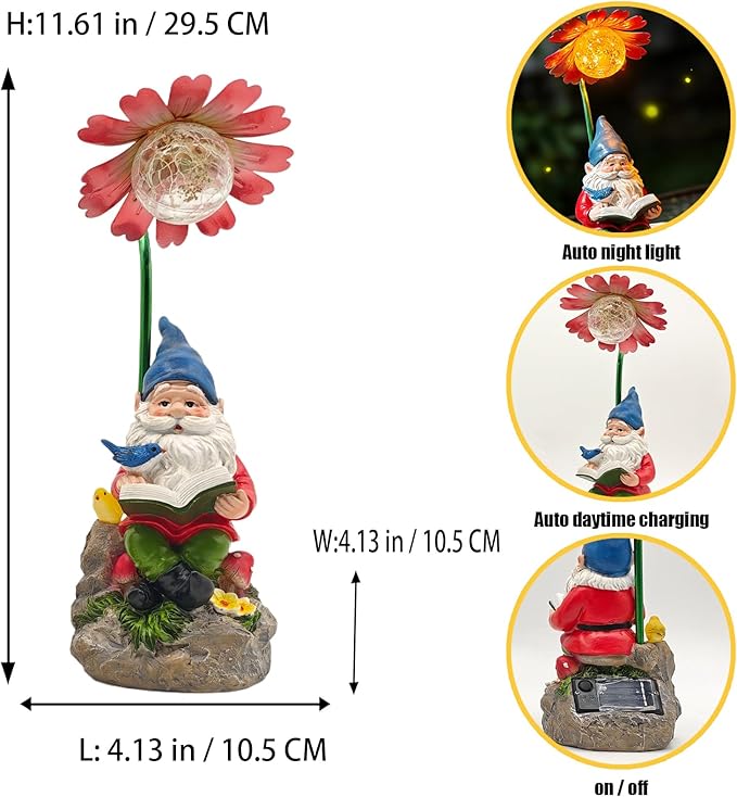 COWOS Solar Powered Garden Gnome Statue with Glowing Flower Light, Hand-Painted Resin Figurine for Outdoor Patio, Yard, Lawn Decor, Gift for Garden Lovers