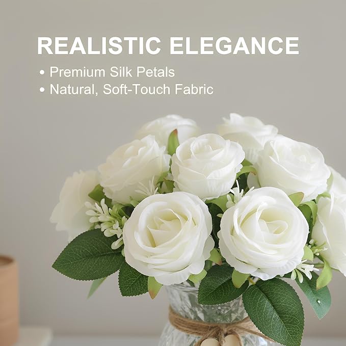 Faux Flowers in Vase, 18 Pcs Fake Rose Flowers, Artificial Flowers for Home Decor, Indoor Centerpiece for Living Room & Dining Table - White
