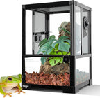 WACOOL TERRA Vertical Habitat Tank 10 Gallon for Tree Dwelling Reptiles and Amphibians, 360°Full Vision Glass Reptile Terrarium 12" x 12" x 18" with Double Side Mesh Panels