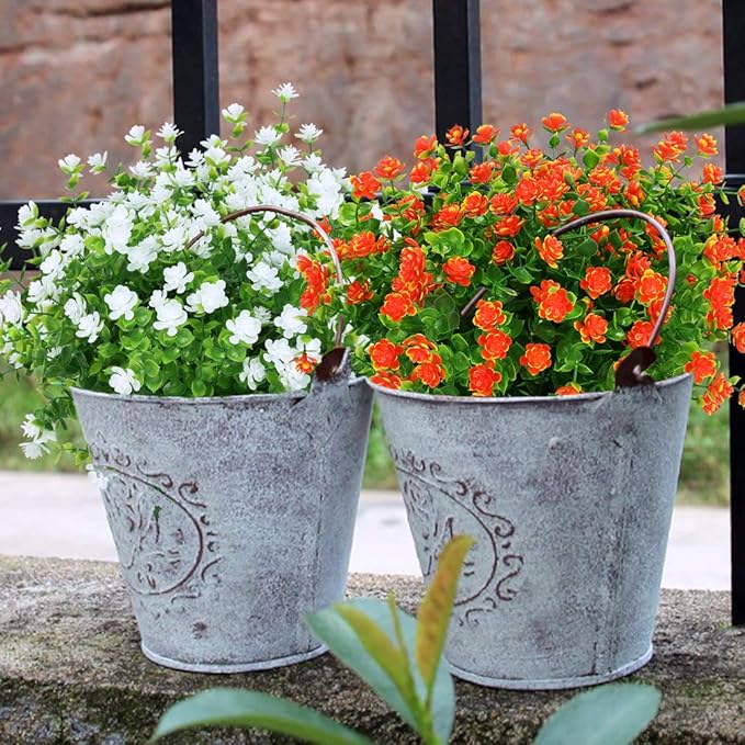 24 Bundles Outdoor Artificial Flowers UV Resistant Fake Boxwood Plants, Faux Greenery for Indoor Outside Hanging Plants Garden Porch Window Box Home Wedding Farmhouse Décor (White)