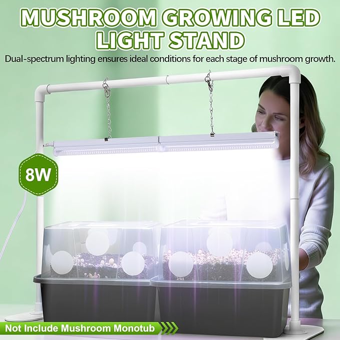 Meonum Mushroom Growing Light Stand, LED Mushroom Grow Light Dual Spectrum 6000K 5000K, 2ft White Blue Grow Lamp, for 10-50 Most Quart Monotub, Easy Assembly, Energy Efficient, Optimal for Cultivation