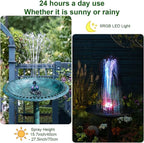 Jutai 24-Hours Working Bird Bath Fountains Electric, Adjustable Quiet Water Fountain Pump with LED Lights for Garden,Small Fish Tank, Pond,Water Features - 7 Nozzles,16.4Ft Power Cord