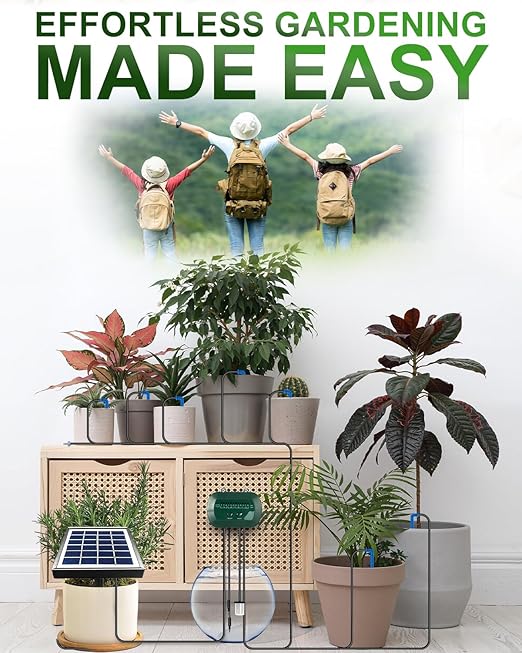 Breeze Touch Solar Drip Irrigation Kit 50FT, Automatic Garden Watering System with Timer, Draws Water from Container, Supports 15 Pots for Balcony, Patio, Indoor & Outdoor Plants