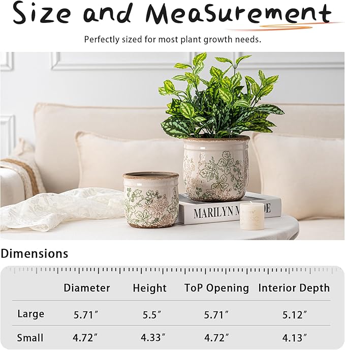 SURE YUESI for Mom from Daughter or Son, Set of 2 Ceramic Planters 4.7” & 5.7”, Vintage Indoor Plant Pots Without Drainage Hole, Pastoral Rustic Decorative Planters for Flowers & Home Decor