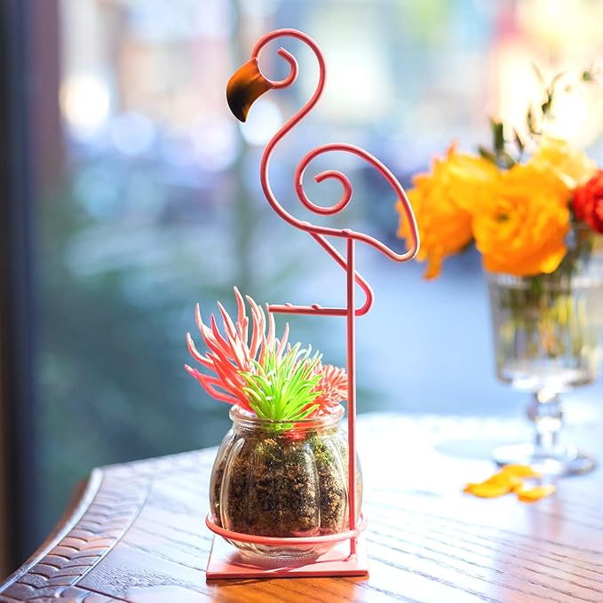 Desktop Glass Planter Vase Holder, esktop Glass Planter Hydroponics Vase，Metal Flamingo Plant Terrarium， Stand for Plants Creative Decorations for Home Patio Lawn Garden