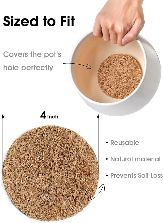 LE TAUCI Coconut Coir Drainage Mesh Pads for Flower Pots, Pre-Cut 4 Inch Pot Hole Covers to Prevent Soil Loss, Natural Coir Fiber Liners for Indoor & Outdoor Planters, 20 Pack