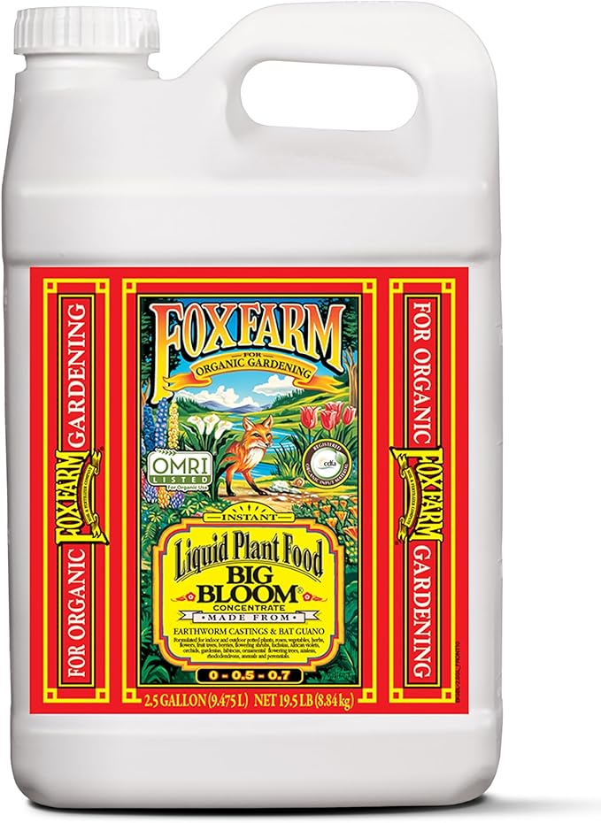 Fox Farm Big Bloom Liquid Plant Food - Organic Bloom Fertilizer for Flowering & Fruiting Plants, Contains Earthworm Castings & Bat Guano - Supports All Stages of Plant Growth - 0-0.5-0.7 NPK,2.5Gallon