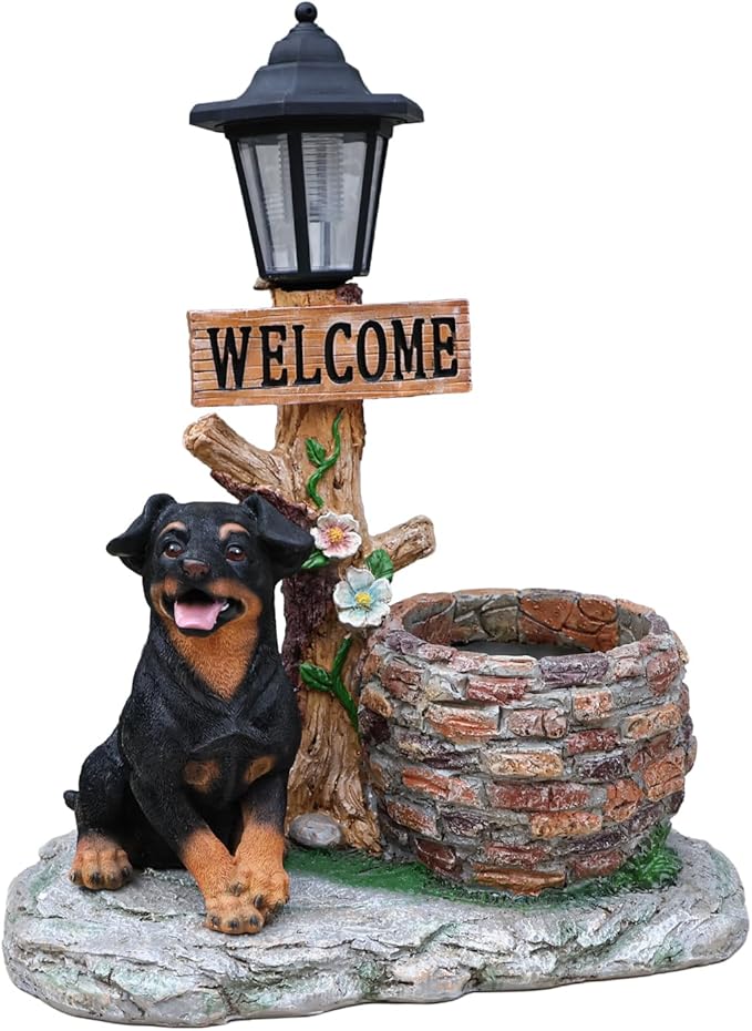 Animal Outdoor Statue Planter Solar Light Welcome Garden Sculpture Resin Flower Pot Decorative Porch Patio Yard Lawn Entryway Figurine with LED Lamp Rustic Plant Holder Ornament Courtyard (D)
