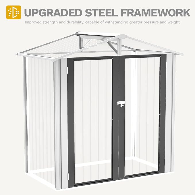 DWVO 6x4ft Storage Shed for Outdoors, Metal Sturdy Weatherproof Tool Locker with Secure Door and Ventilation for Equipment, Mowers, Bikes, Outdoor Spaces, White