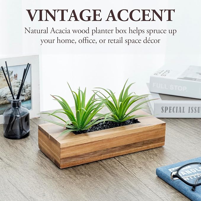 MyGift 10 Inch Artificial Green Grass Plants in Deluxe Acacia Solid Wood Decorative Planter Pot, Faux Greenery in Rectangular Wooden Container