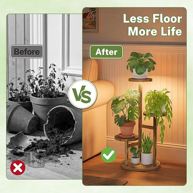 iDavosic.ly 3 Tier Plant Stand Indoor with Grow Light, Tiered Corner Wood Multiple Flower Holder Shelf, Tall Orchid Display Rack for Living Room Bedroom, Brown