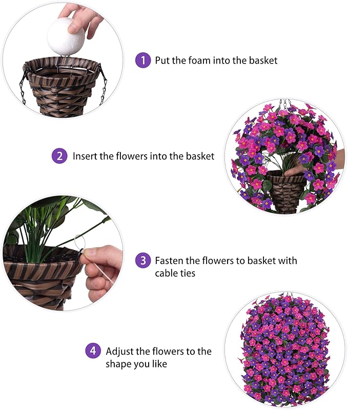 Artificial Flowers Baskets for Outdoor Decoration, Fake Hanging Plants Silk Dark Purple Fuchsia Daisy Mums Trailing Vines in Planter Realistic UV Resistant for Balcony Porch Decor