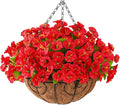Homsunny Artificial Fake Hanging Flowers Plants with Basket for Outdoor - Fake Petunias Flowers Fake Silk Morning Glory Planter for Outside Porch Patio Balcony Garden Spring Summer Decor(Rose red)
