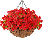 Homsunny Artificial Fake Hanging Flowers Plants with Basket for Outdoor - Fake Petunias Flowers Fake Silk Morning Glory Planter for Outside Porch Patio Balcony Garden Spring Summer Decor(Rose red)