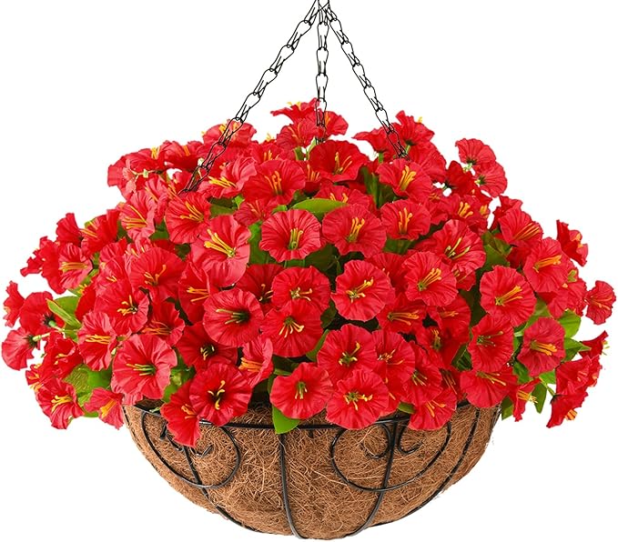 Homsunny Artificial Fake Hanging Flowers Plants with Basket for Outdoor - Fake Petunias Flowers Fake Silk Morning Glory Planter for Outside Porch Patio Balcony Garden Spring Summer Decor(Rose red)