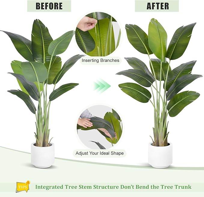 Artificial Bird of Paradise Plant 5Ft Tall Fake Tropical Palm Tree Large Fake Plants with 10 Silk Banana Leaves Faux Plant Indoor Decor Trees with White Pot for Home Bedroom Living Room Office（2pcs）