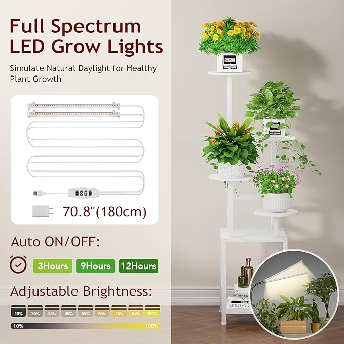 Homsorout Plant Stand Indoor with Grow Light, 5-Tiered Tall Plant Stand Indoor, Metal Plant Shelf with Adjustable Light, Ideal for Living Room, Garden, Round Patio white