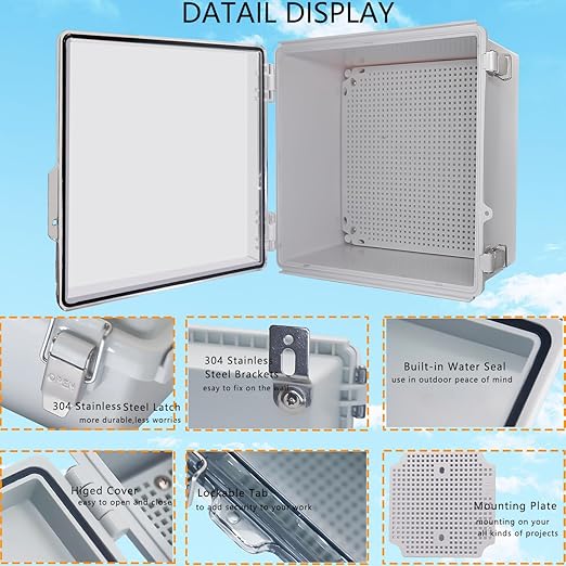 Waterproof Junction Box, ABS Plastic Electrical Box with Stainless Steel Latch, Hinged Cover Electric Project Enclosure Box with Mounting Plate, Wall Brackets,Clear 13"x13"x6.7"