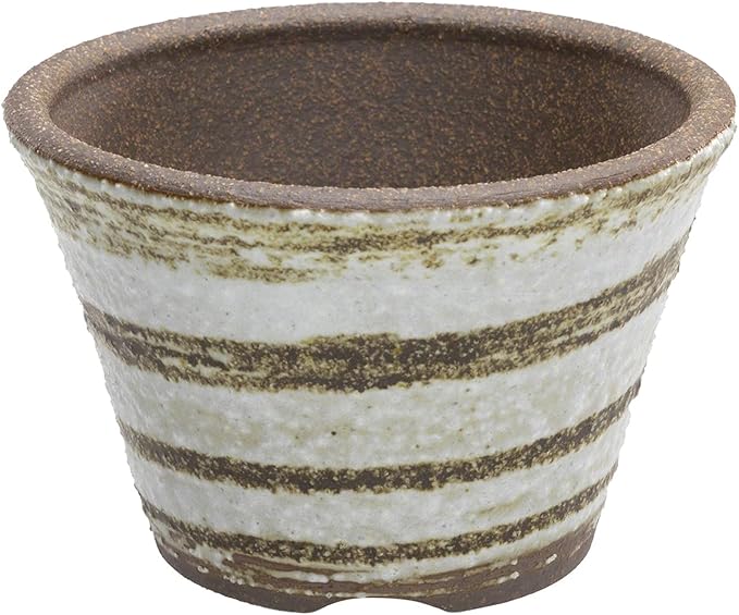 Wazakura Banko Series Small Handmade Rounded Ceramic Bonsai Pot with Drainage Hole 4.3 in (110mm) Made in Japan, Garden Training Container, Flower Succulent Houseplant Planter - Brush White