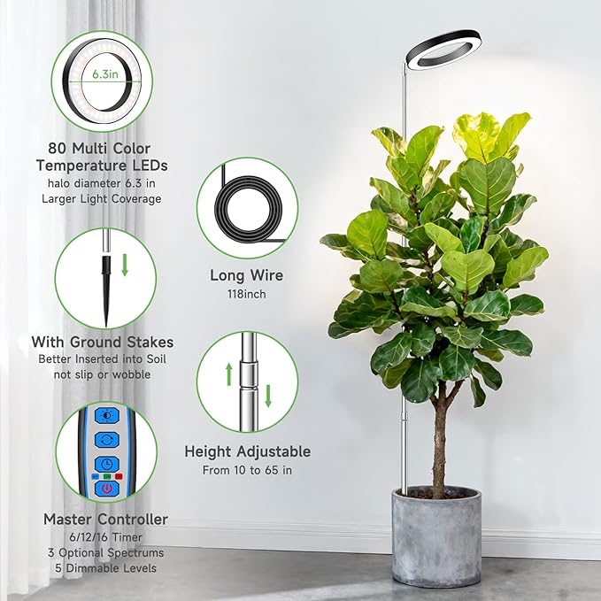 Plant Grow Light, 80LED Growing Light Full Spectrum for Indoor Plants, Height Adjustable 10"-65", Auto Timer 6/12/16H, 3 Optional Spectrums, Idea for Large Plant Light, 5V, Black, 1 Pack
