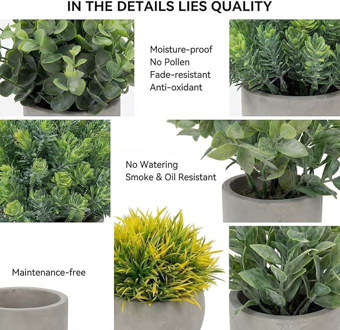 5 Pack Fake Plants, Artificial Eucalyptus & Greenery in Cement Pots - Small Potted Faux Plants for Indoor Outdoor Shelves, Desk, Table, Farmhouse Bathroom, Office & Modern Home Decor