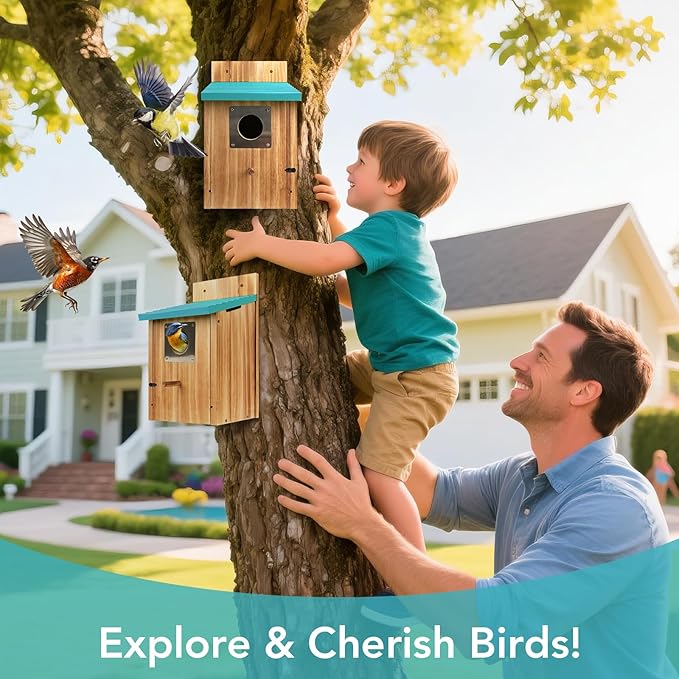 2 Pack Bird Houses for Outside - Cedar Bluebird Houses with Metal Predator Guard, Birdhouse for Wren Bluebirds Finches Swallows, Carbonized Wooden (Assembly Required)
