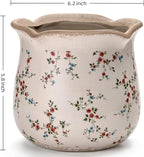 Vintage Ceramic Planter Pot with Drainage Holes, Green Floral Design, 6.11 Inch, Distressed Tuscan Style, Indoor Plant Pot and Vase (Small Red Blooms)