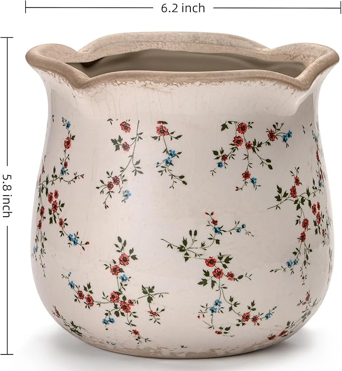 Vintage Ceramic Planter Pot with Drainage Holes, Green Floral Design, 6.11 Inch, Distressed Tuscan Style, Indoor Plant Pot and Vase (Small Red Blooms)