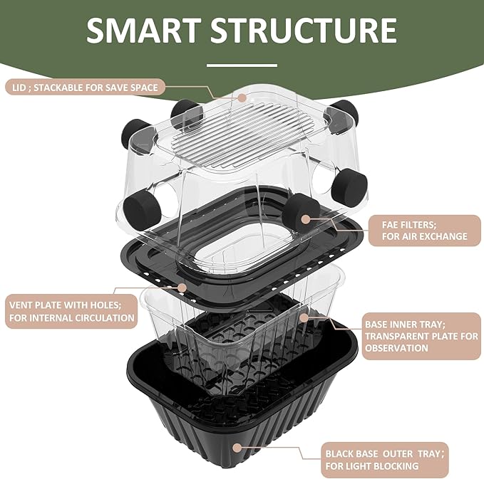 YANWEN Mushroom Growing Kit, Monotub Stackable Grow Box, Fruiting Chamber with FAE Filters, Indoor Use, 12.6 x 12.6 x 6.3 inches, Clear and Black