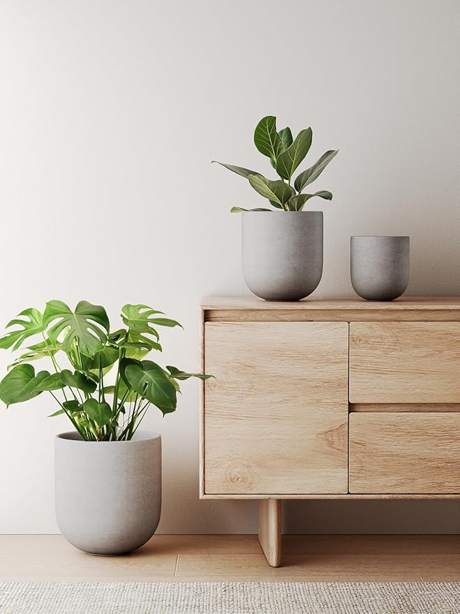10 Inch Plant Pot, Ceramic Pots for Plants with Drainage Hole and Rubber Plug, Plant Pots Indoor for Home Garden Patio Office, Cylinder Flower Planter Pot, Neutral Gray
