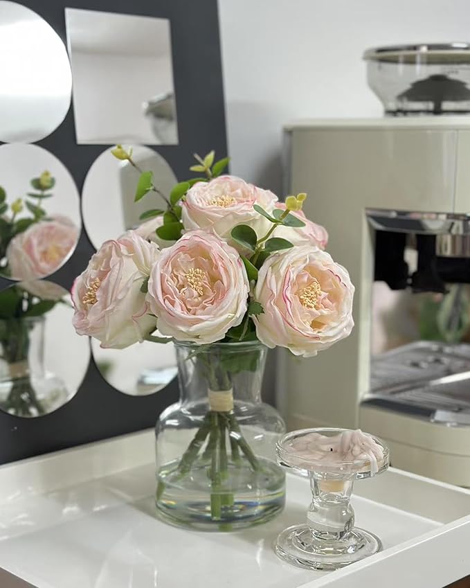 CHASMILE Lifelike Artificial Light Pink Rose Bouquet in Vase - 3D Petals & Stem Design - Table Centerpiece for Wedding, Restaurant, or Home Dining Room