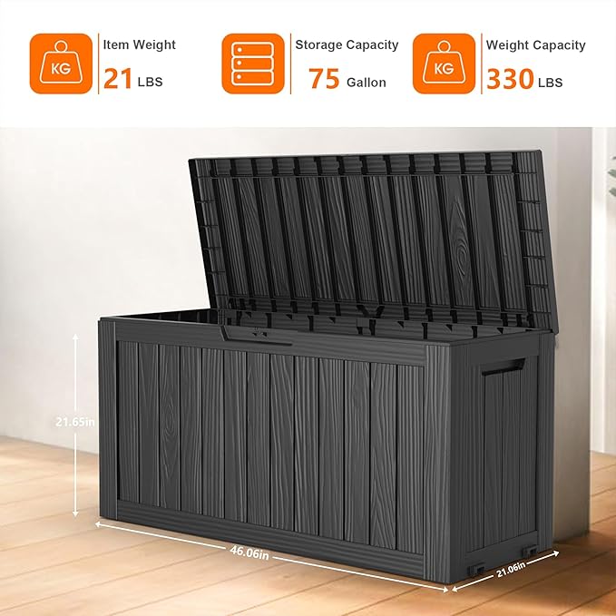 PatioZen 75 Gallon Resin Deck Box, Lockable Patio Outdoor Storage Box for Furniture, Garden Tools and Tools Storage, Waterproof Outside Storage Boxes - Black