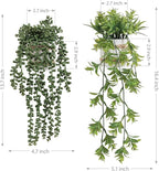 Fake Hanging Plants, 2pcs Artificial Potted Greenery Faux Eucalyptus Vine Fern and String of Pearls in Pot for Home Room Wall Shelf Patio Garden Indoor Outdoor Decor