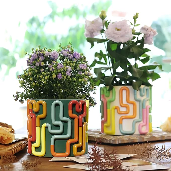 GUGUGO Colorful Squiggle Lines Planters Cute Unique Rainbow Planter with Drainage, Vintage Retro Flower Plant pots for Indoor Plants, Eclectic Succulent Gardening Pot for Boho Modern Décor, Green