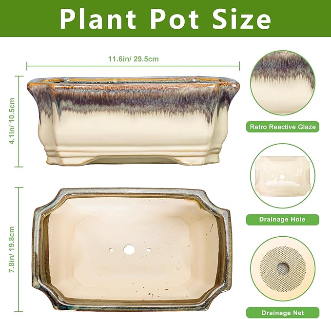 11.6 Inch Succulent Pots - Ceramic Bonsai Tree Pots with Drainage Hole, Succulent Planters for Indoor Plants Outdoor, Bonsai Planter, Garden Decor, House Warming Gifts, Rectangular Beige-Brown