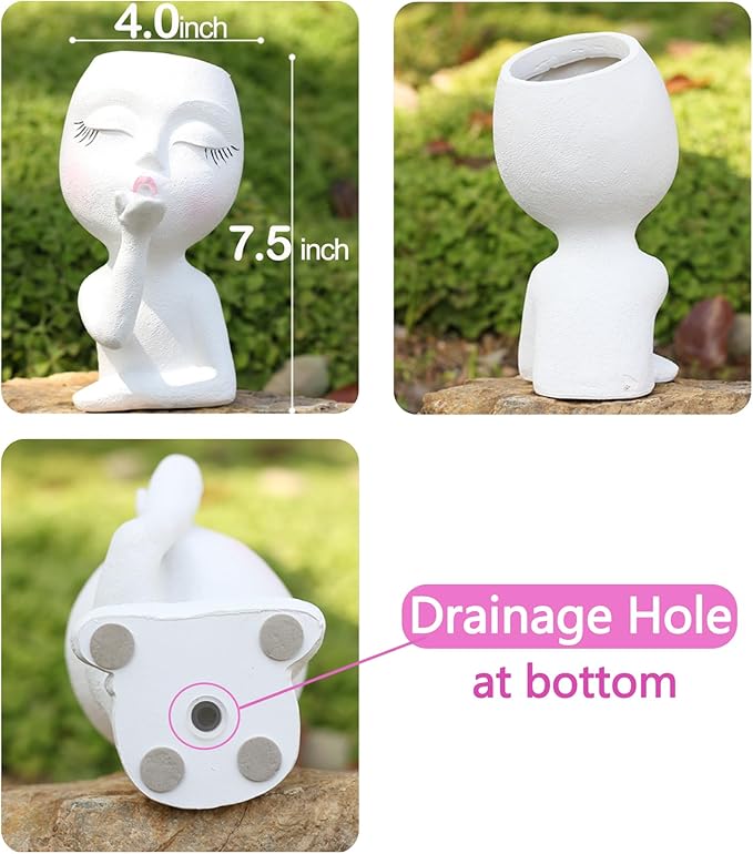 Cute Head Planter/Face Planters for Indoor Outdoor Plants, with Drainage Hole, Lady Head Planters Pot, Resin Succulent Planter (White)