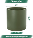 D'vine Dev 16 Inch Plastic Planter Pots for Plant Pot with Drainage Hole and Seamless Saucers, Olive, 74-X-I-5