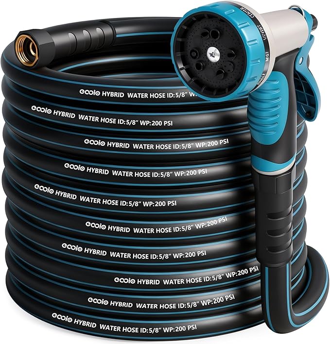 Heavy Duty Garden Hose 100 ft, NON-EXPANDABLE Water Hose with 10 Function Spray Nozzle, Lightweight Kink-less Hybrid Hose with Swivel Handle, Male to Female Fittings