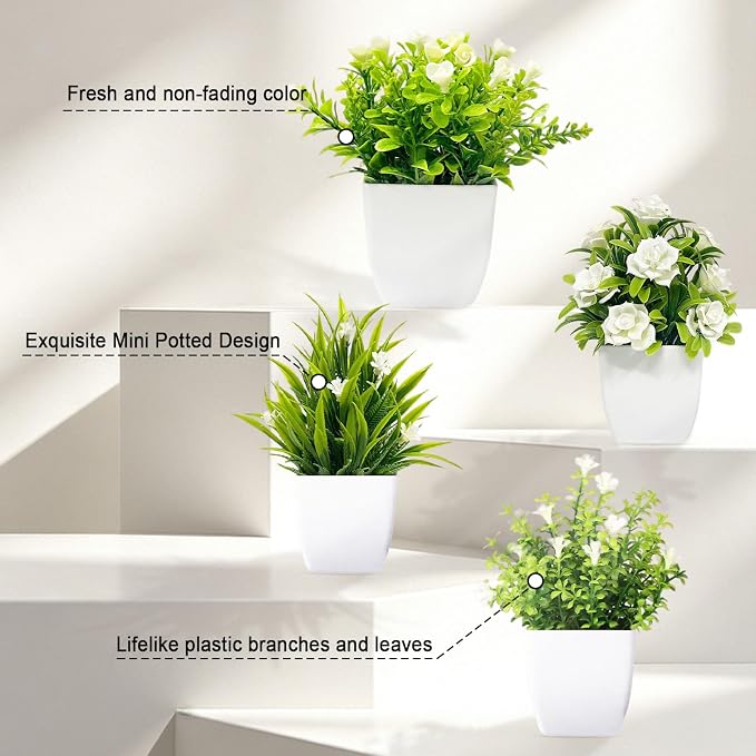 SZC&MFZ 4 PCS mini Artificial Potted Plants with Flowers, Perfect Fake Plants & Faux Potted Plants for Room Decor, Ideal for Home, Bathroom, Bedroom, Living Room, Kitchen and Office Decoration.