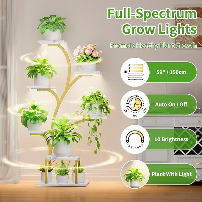 BACEKOLL Plant Stand Indoor with Grow Lights, 7 Tiered Indoor Plant Shelf, 49" Corner Plant Stands for Indoor Plants, Metal Plant Flower Display Shelf, Tree-Shaped Plant Rack for Home, Faux Marble